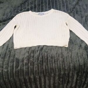 DKNY Cream Open-Knit Cropped Crewneck Sweater